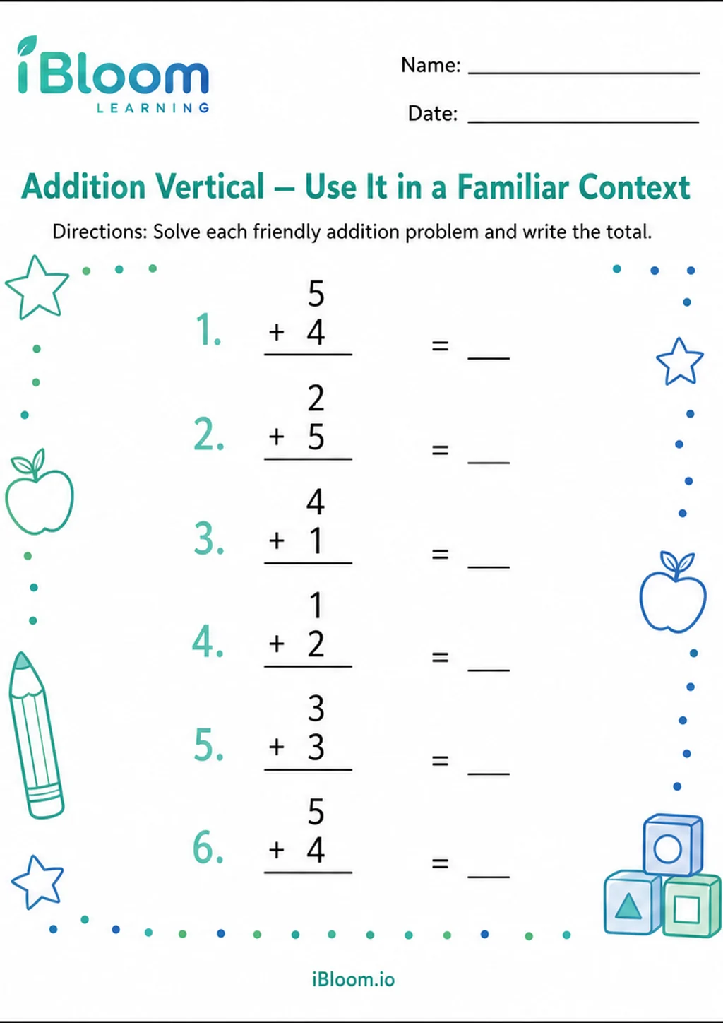 Preview page 1 of Addition Vertical — Use It in a Familiar Context