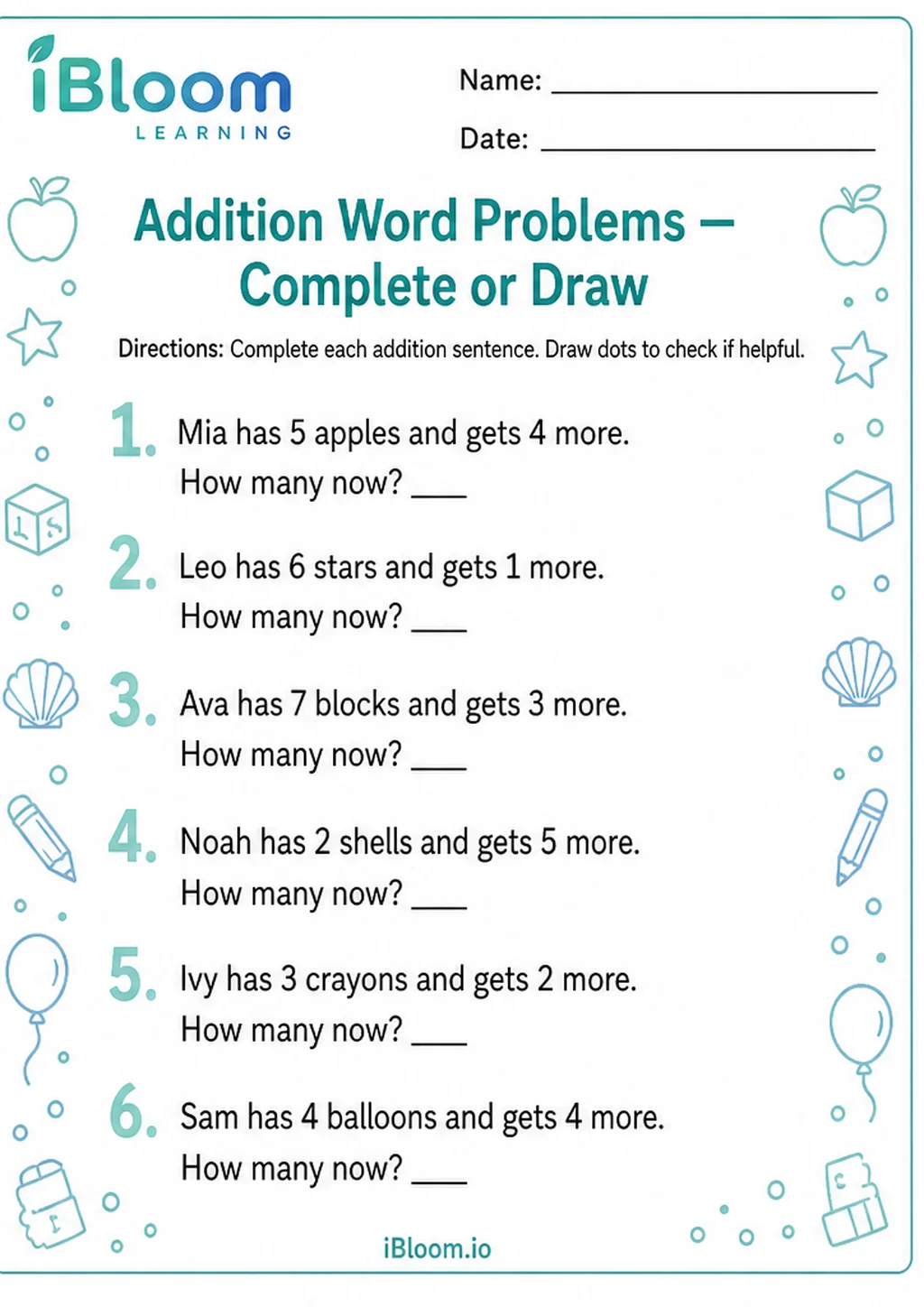 Preview of Addition Word Problems — Complete or Draw worksheet