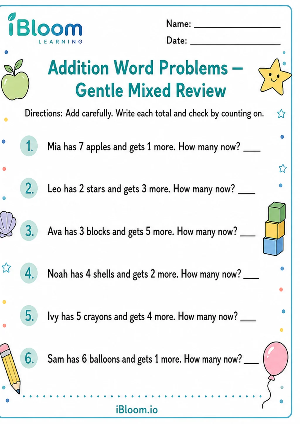 Preview page 1 of Addition Word Problems — Gentle Mixed Review