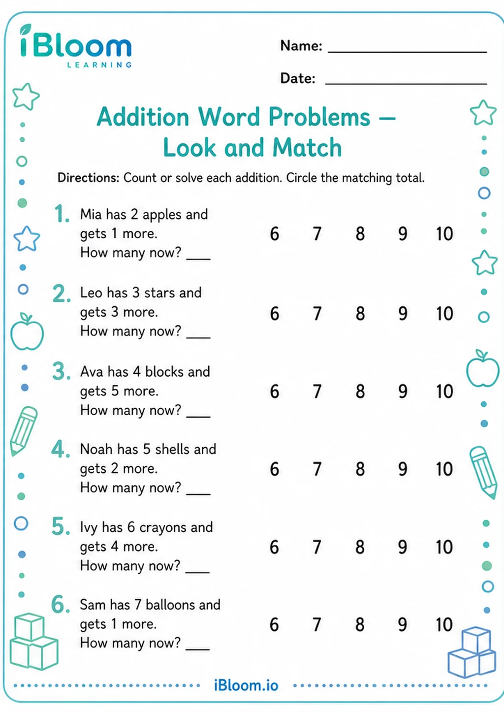 Addition Word Problems — Look and Match printable Preschool worksheet preview