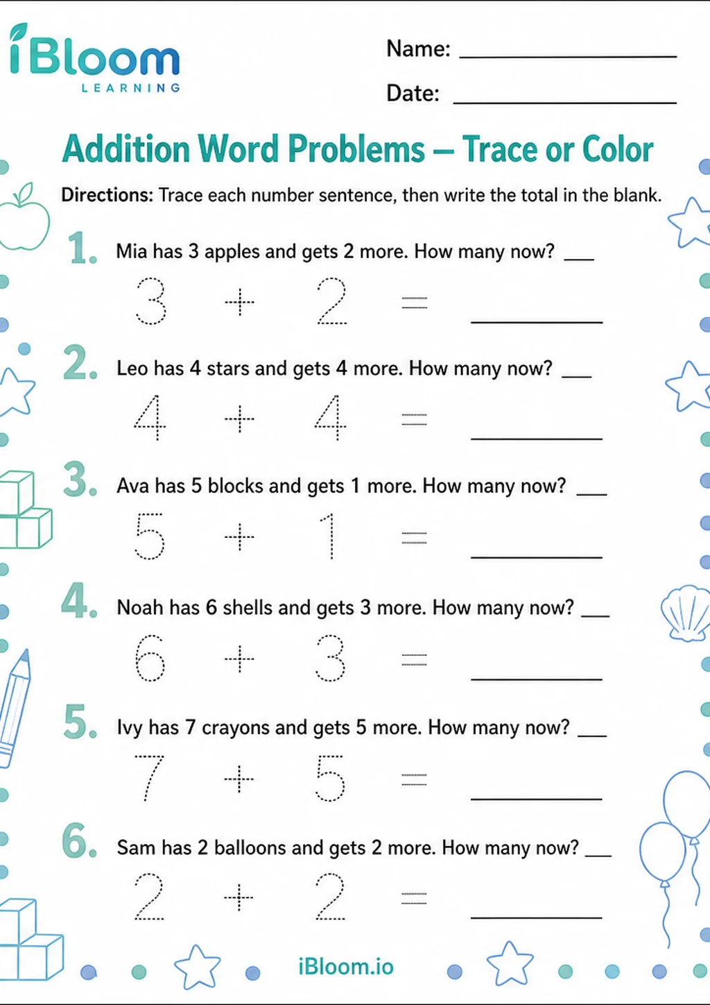 Preview of Addition Word Problems — Trace or Color worksheet