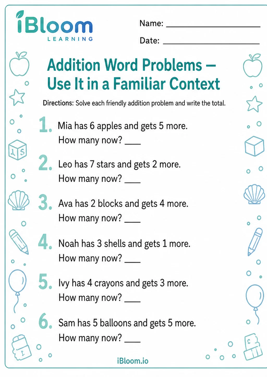 Preview page 1 of Addition Word Problems — Use It in a Familiar Context