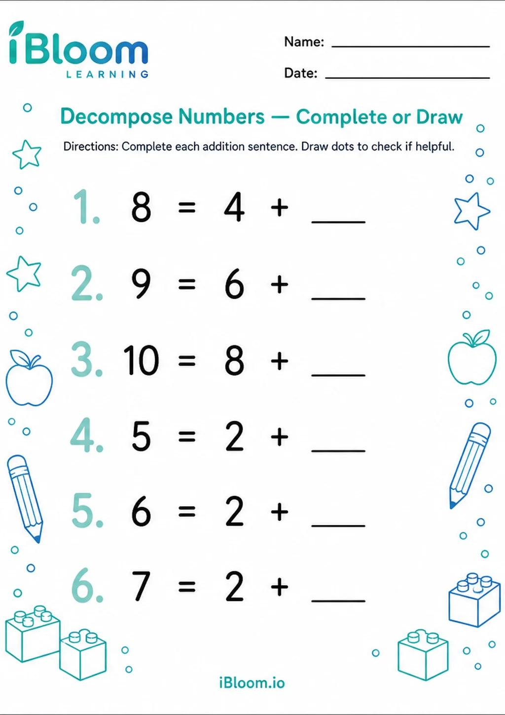 Preview of Decompose Numbers — Complete or Draw worksheet
