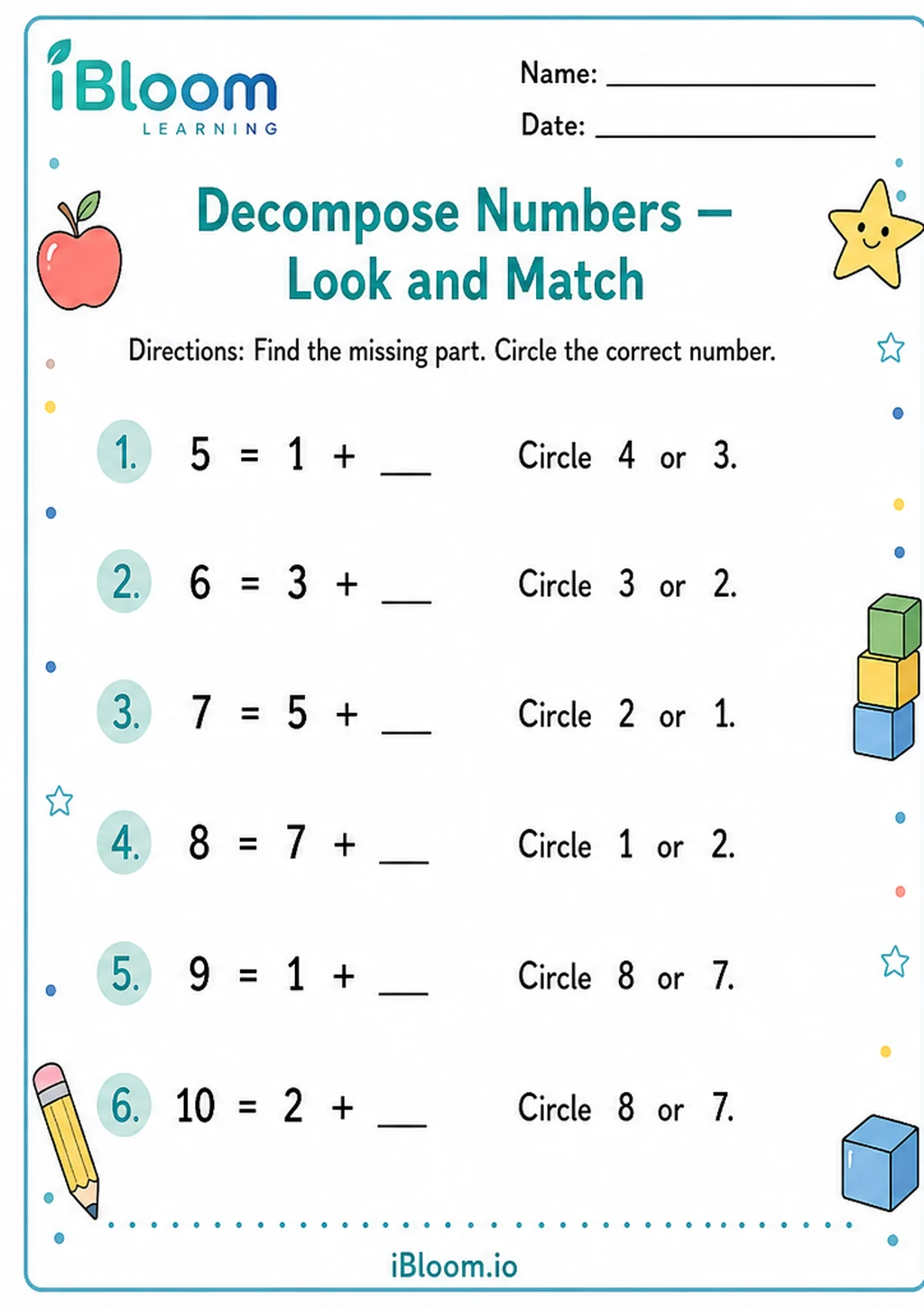Preview page 1 of Decompose Numbers — Look and Match