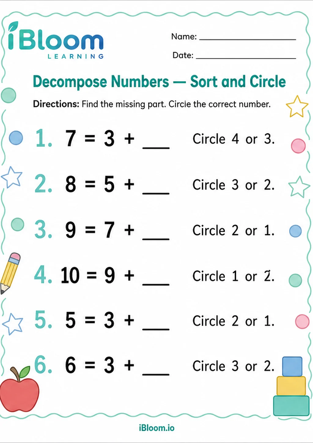 Preview of Decompose Numbers — Sort and Circle worksheet