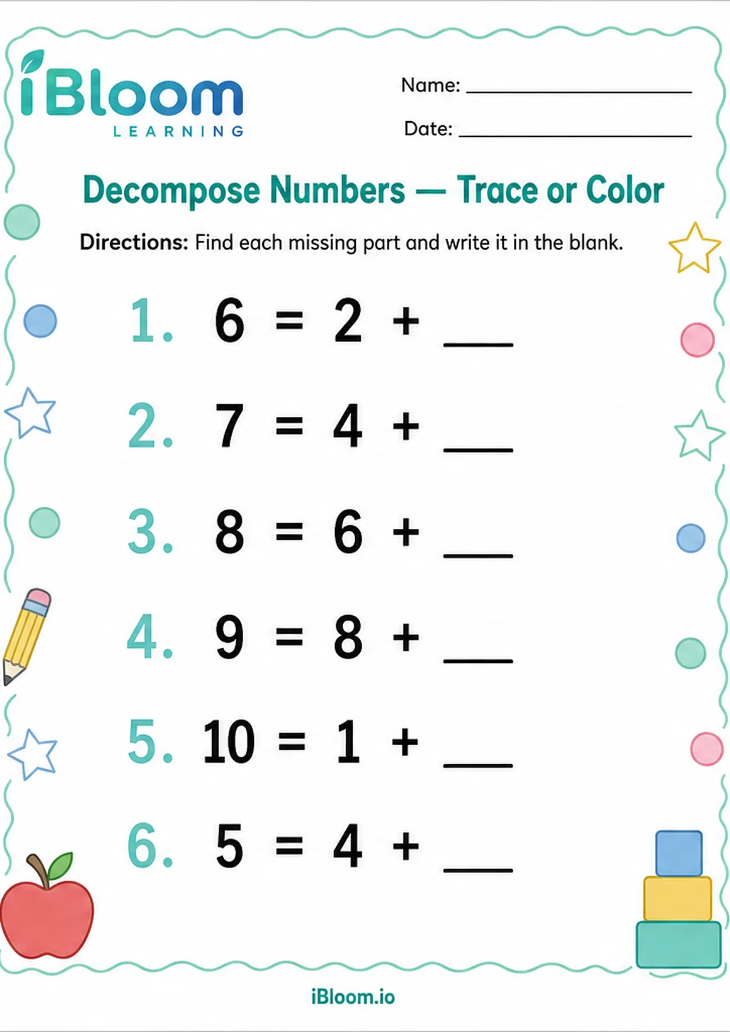 Preview page 1 of Decompose Numbers — Trace or Color
