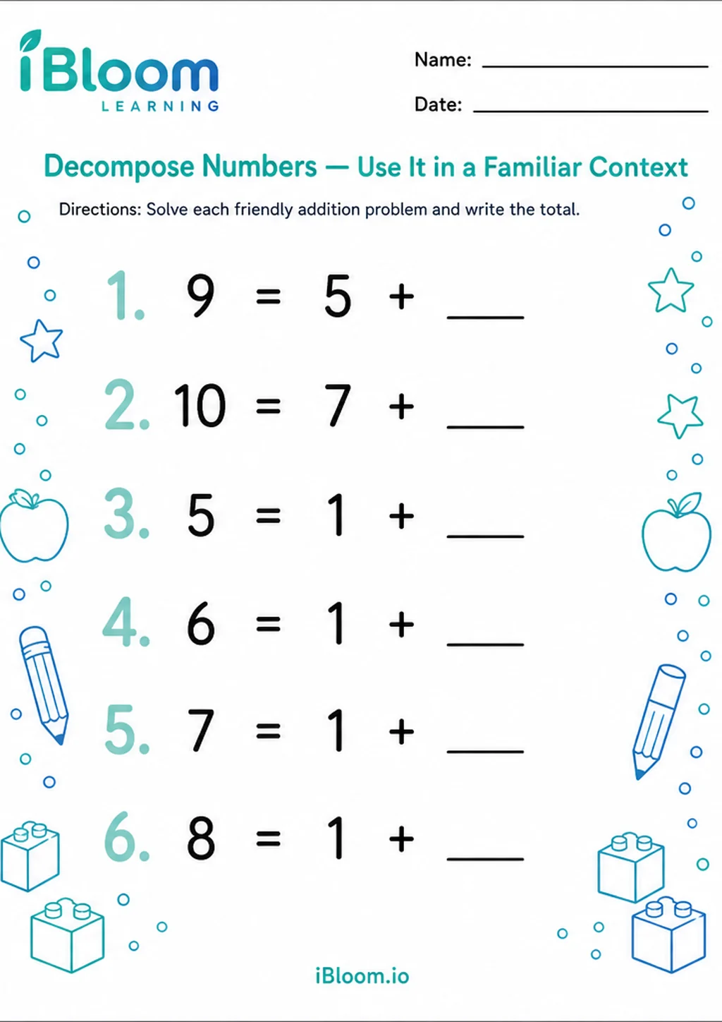 Preview of Decompose Numbers — Use It in a Familiar Context worksheet