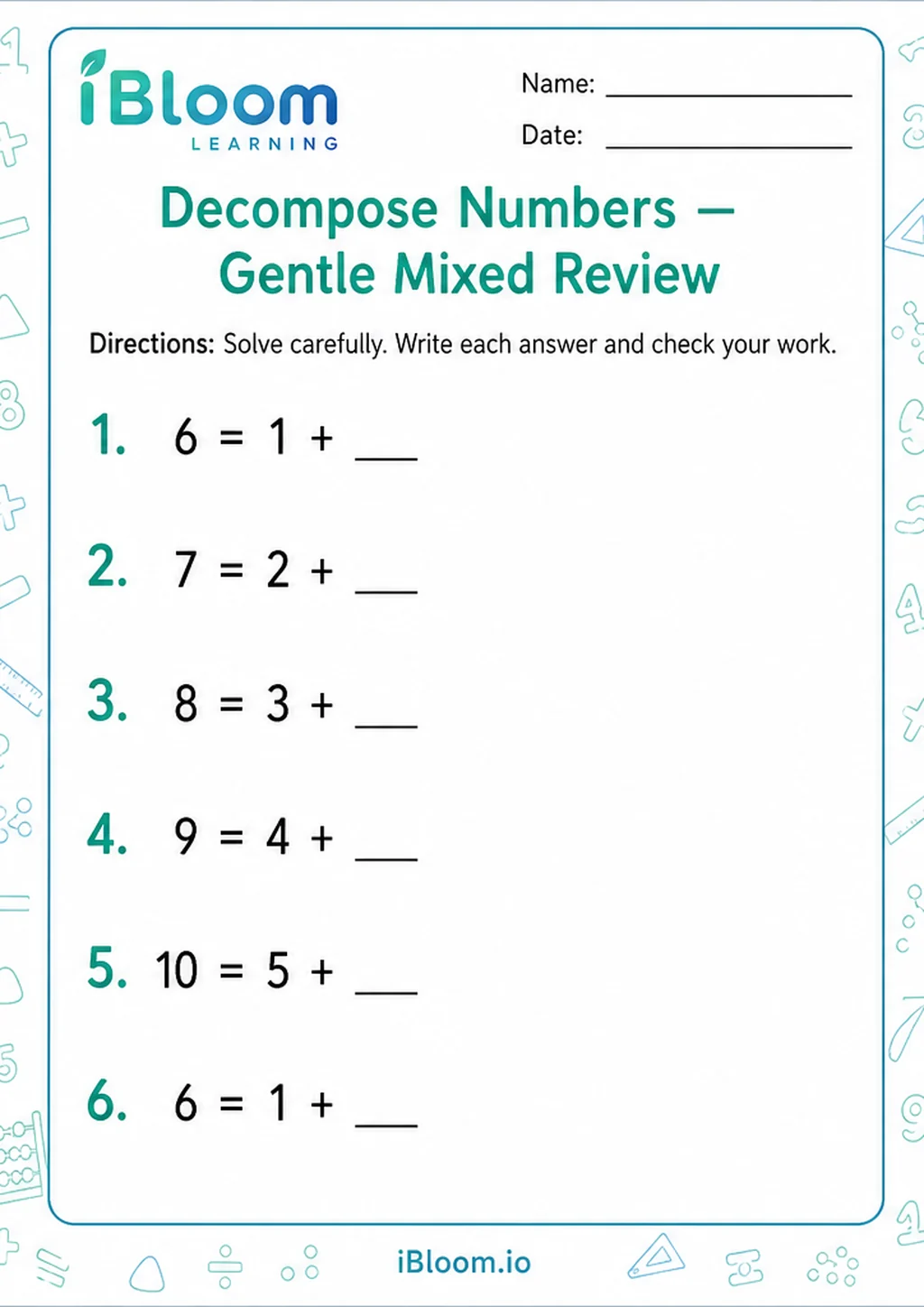 Preview page 1 of Decompose Numbers — Gentle Mixed Review