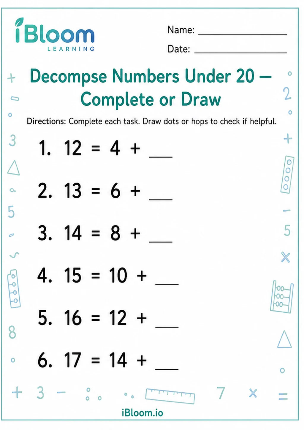 Preview page 1 of Decompse Numbers Under 20 — Complete or Draw