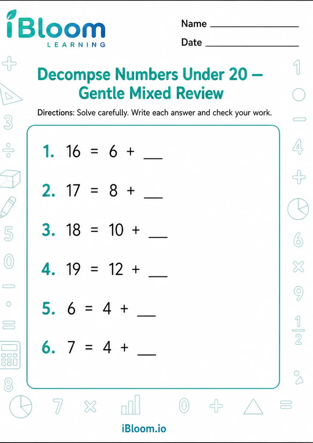 Preview page 1 of Decompse Numbers Under 20 — Gentle Mixed Review
