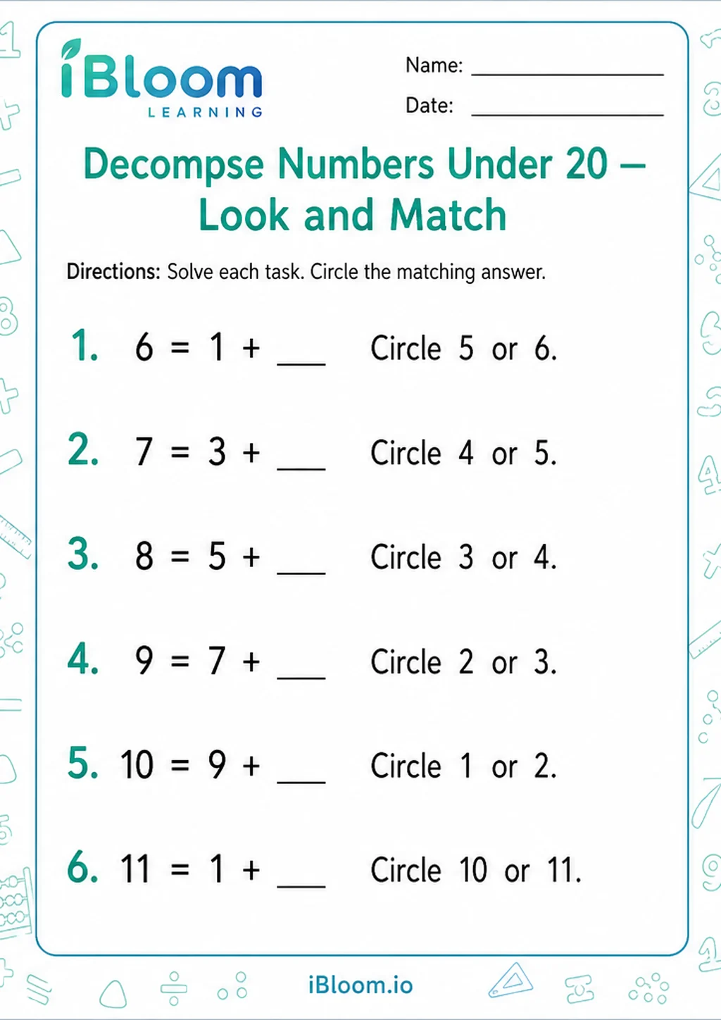 Decompse Numbers Under 20 — Look and Match printable Preschool worksheet preview