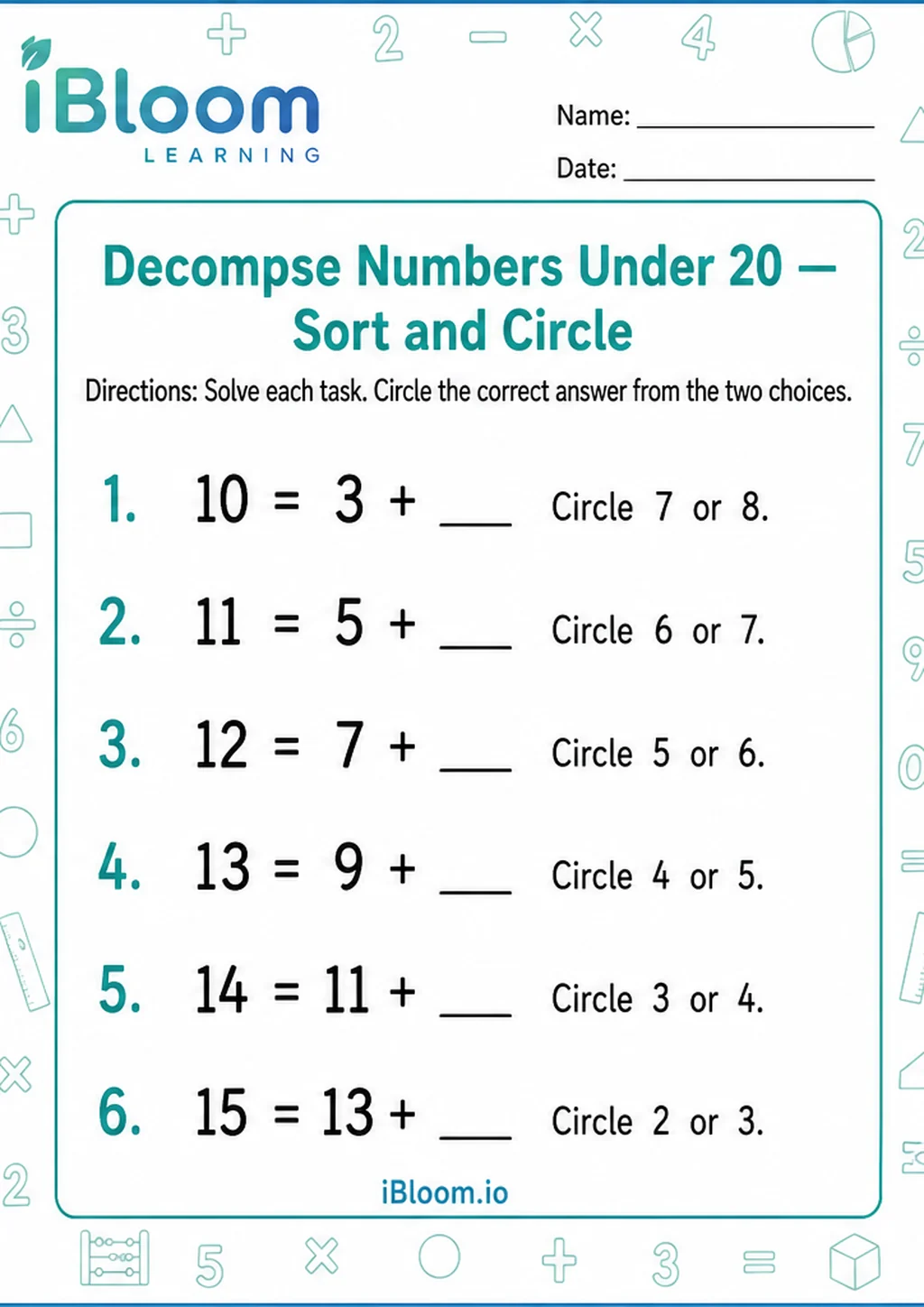 Preview page 1 of Decompse Numbers Under 20 — Sort and Circle