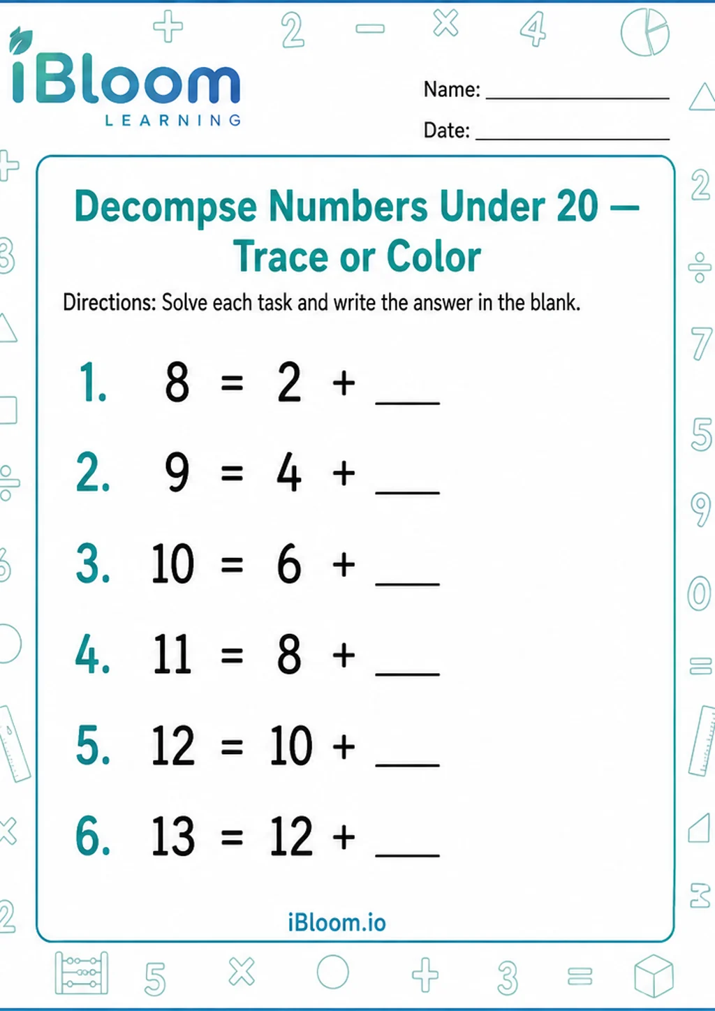 Preview of Decompse Numbers Under 20 — Trace or Color worksheet