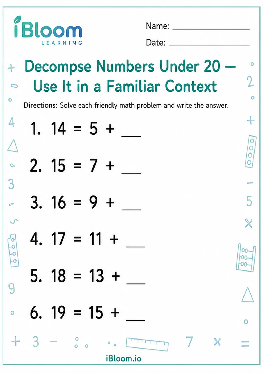 Preview of Decompse Numbers Under 20 — Use It in a Familiar Context worksheet