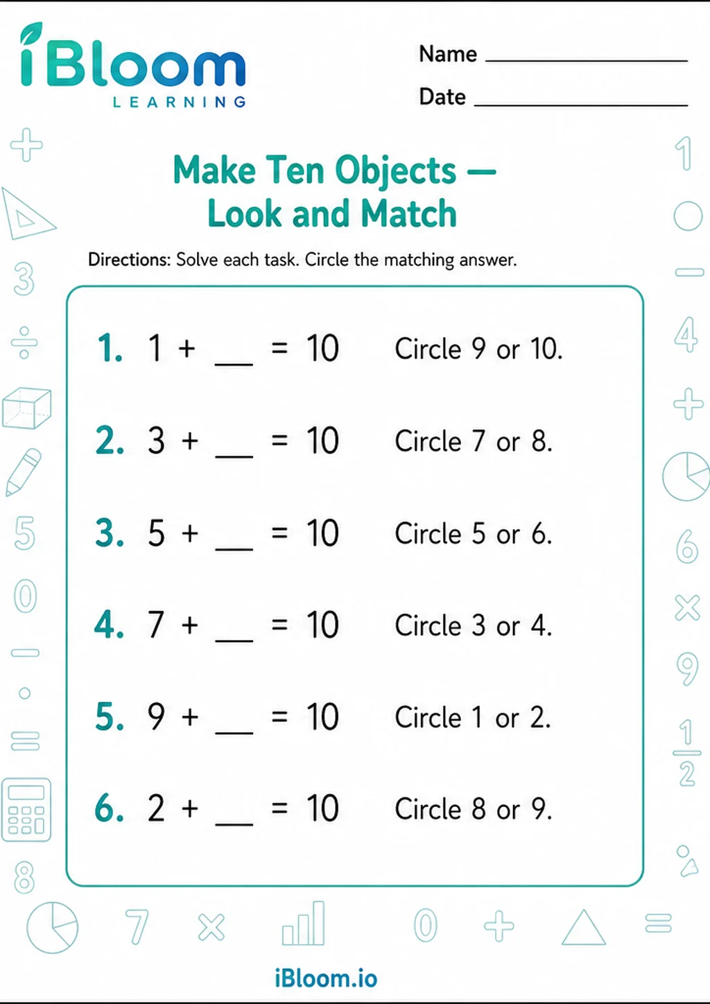 Make Ten Objects — Look and Match printable Preschool worksheet preview
