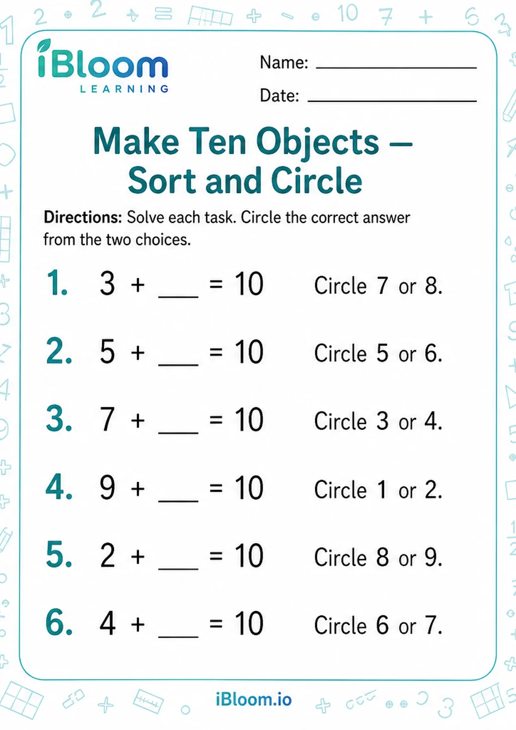 Preview of Make Ten Objects — Sort and Circle worksheet