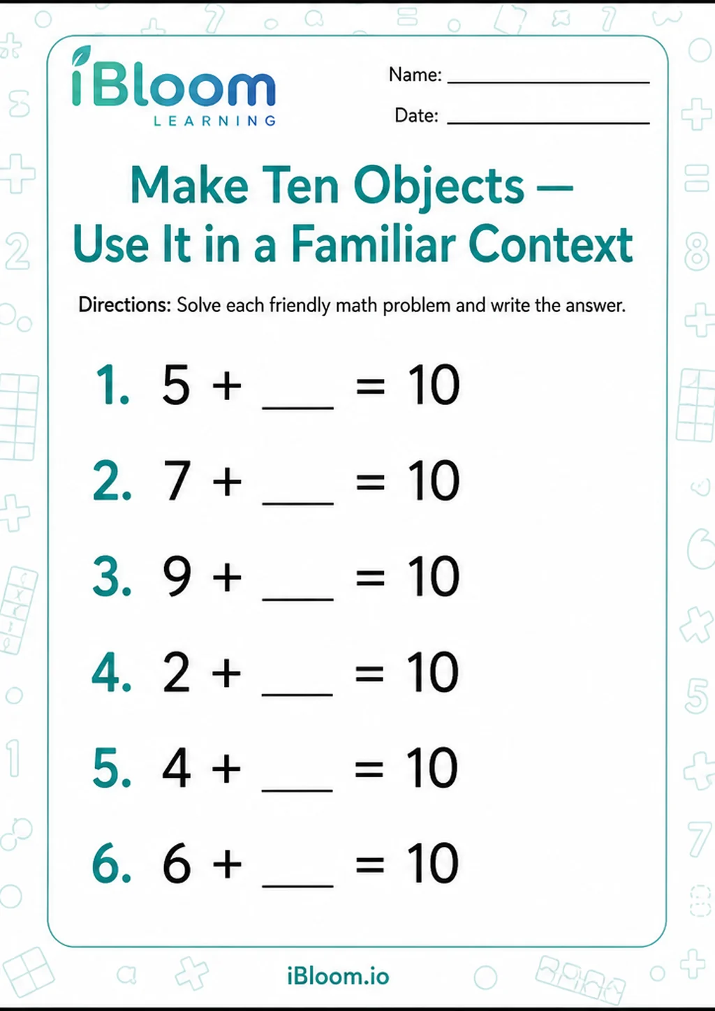Preview of Make Ten Objects — Use It in a Familiar Context worksheet