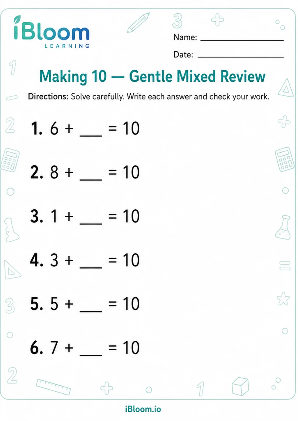 Preview page 1 of Making 10 — Gentle Mixed Review
