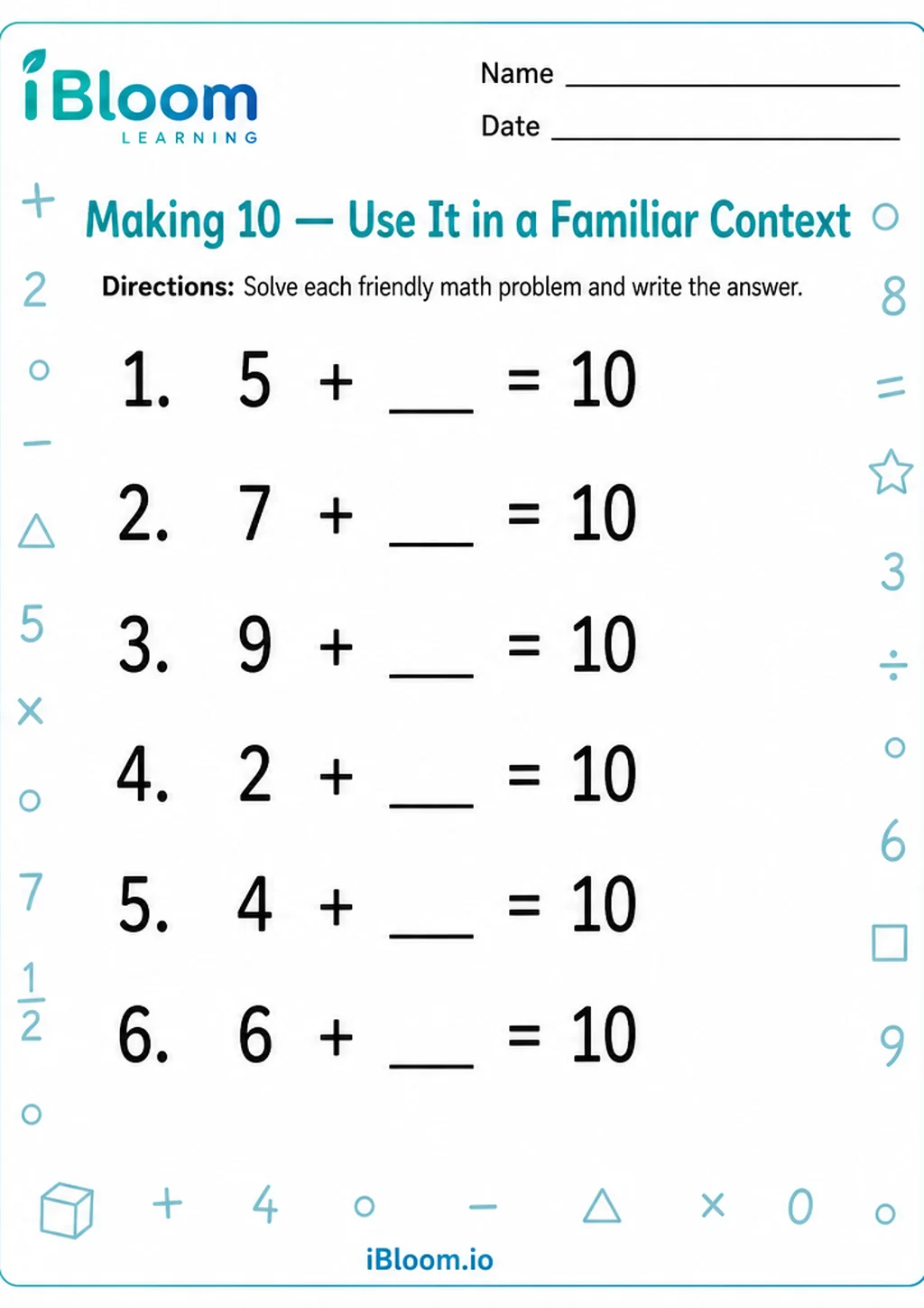 Preview of Making 10 — Use It in a Familiar Context worksheet