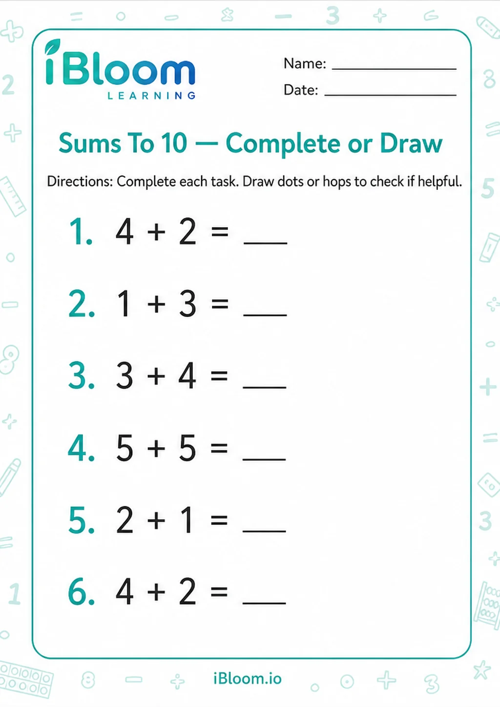 Preview page 1 of Sums To 10 — Complete or Draw