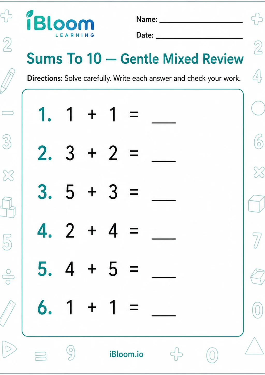 Preview of Sums To 10 — Gentle Mixed Review worksheet