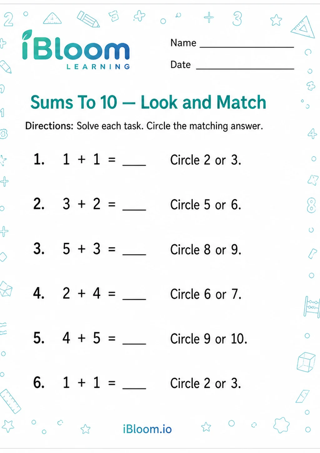 Sums To 10 — Look and Match printable Preschool worksheet preview