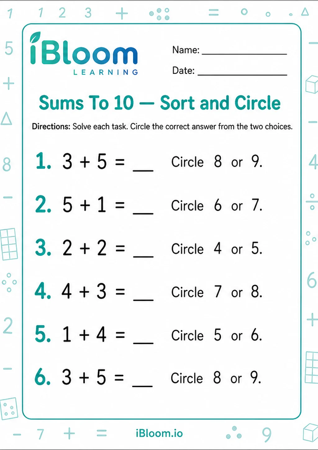 Preview page 1 of Sums To 10 — Sort and Circle