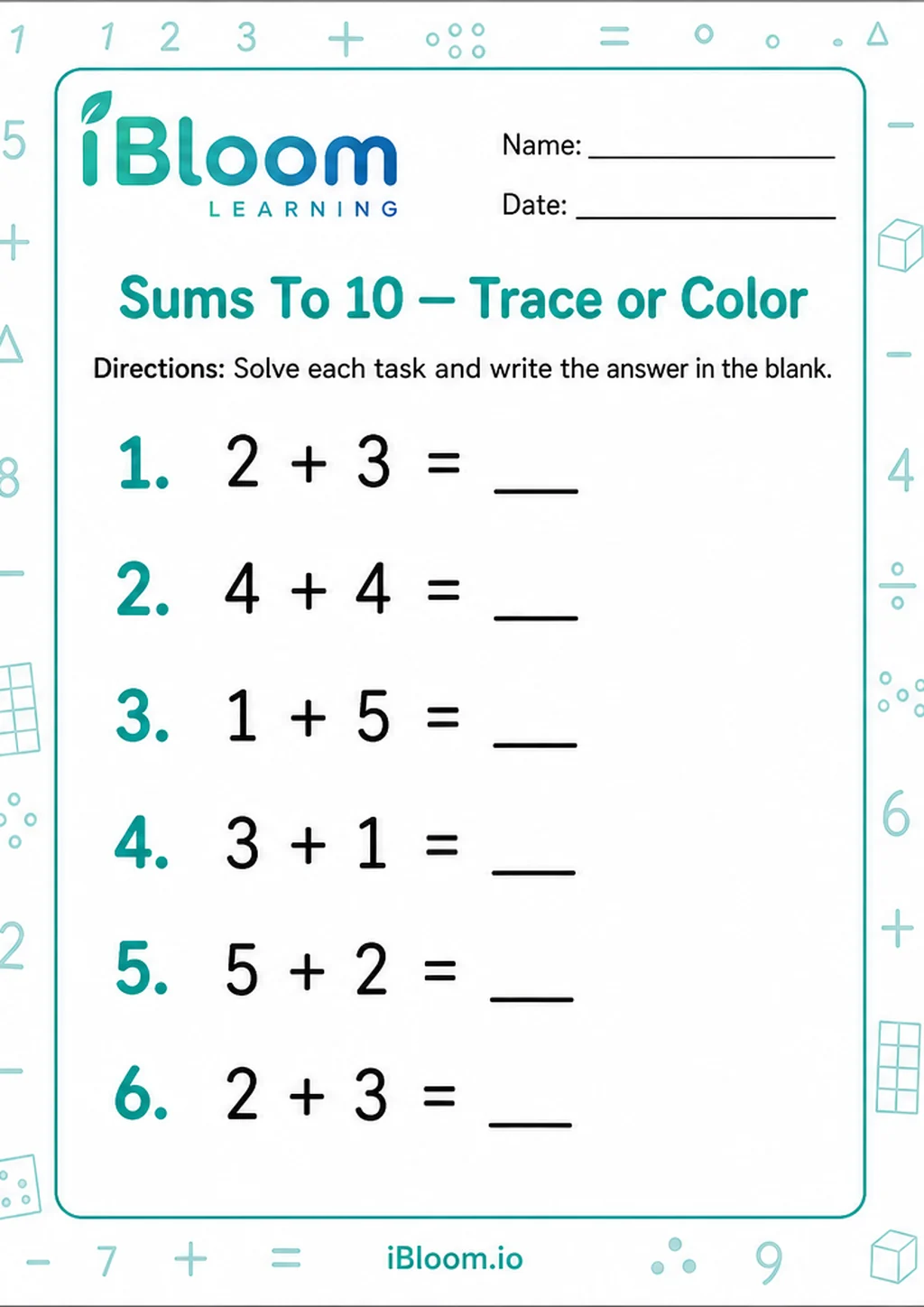 Preview of Sums To 10 — Trace or Color worksheet