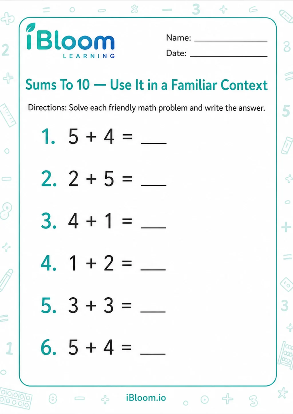 Preview page 1 of Sums To 10 — Use It in a Familiar Context