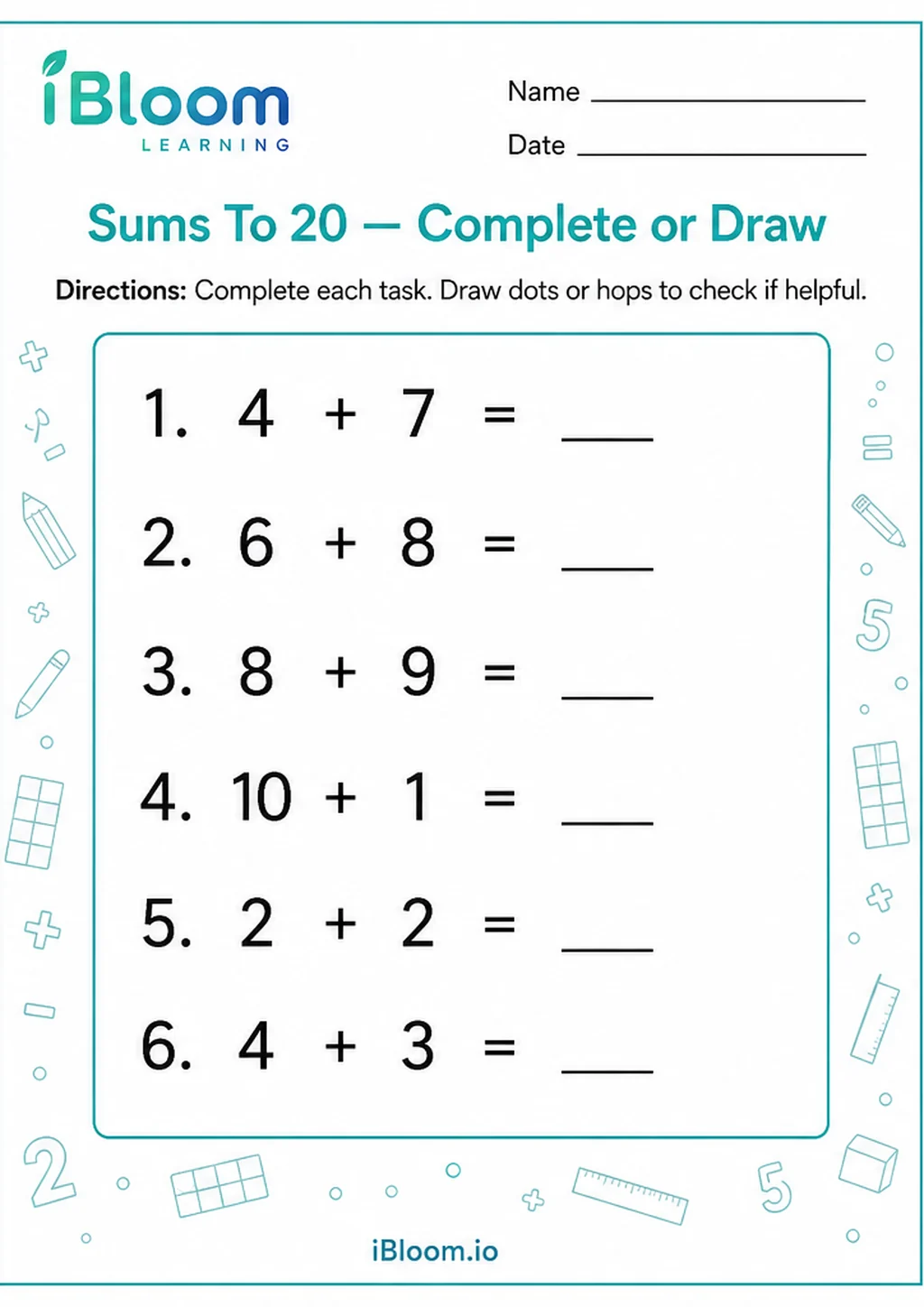 Preview page 1 of Sums To 20 — Complete or Draw