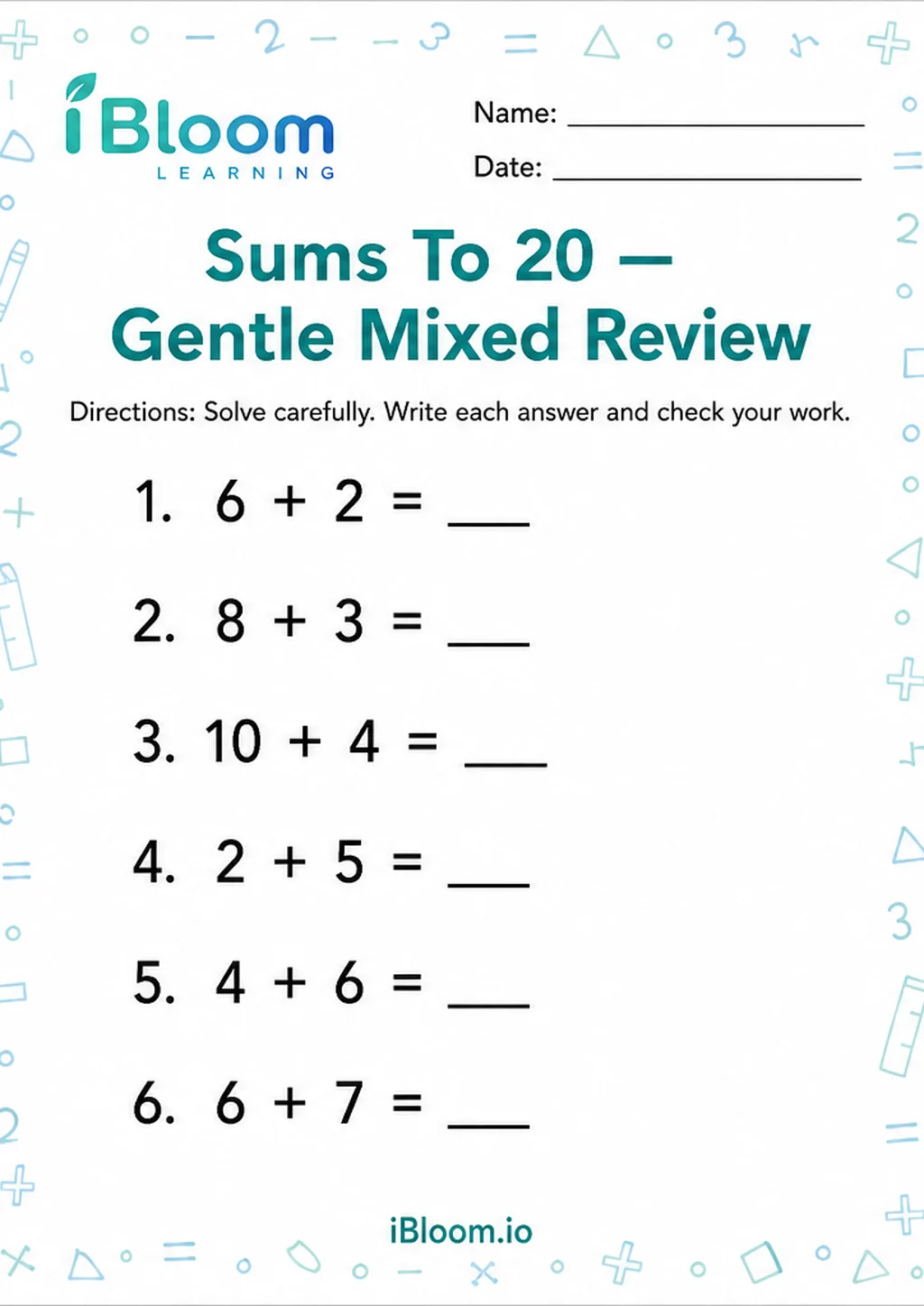 Preview of Sums To 20 — Gentle Mixed Review worksheet