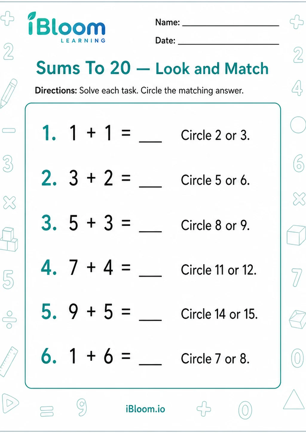Sums To 20 — Look and Match printable Preschool worksheet preview