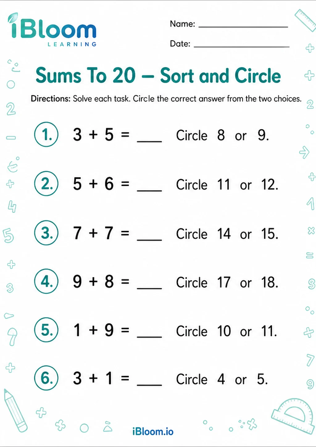 Preview of Sums To 20 — Sort and Circle worksheet