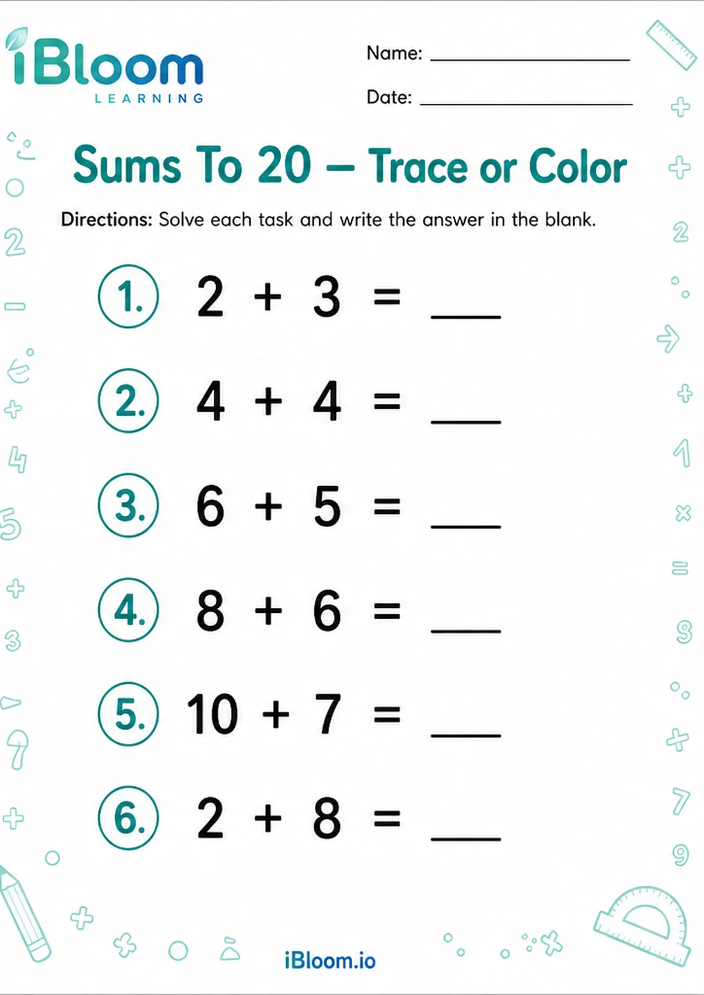 Preview page 1 of Sums To 20 — Trace or Color