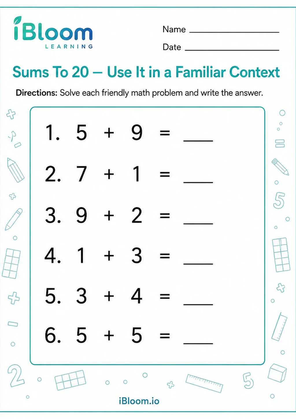 Preview of Sums To 20 — Use It in a Familiar Context worksheet