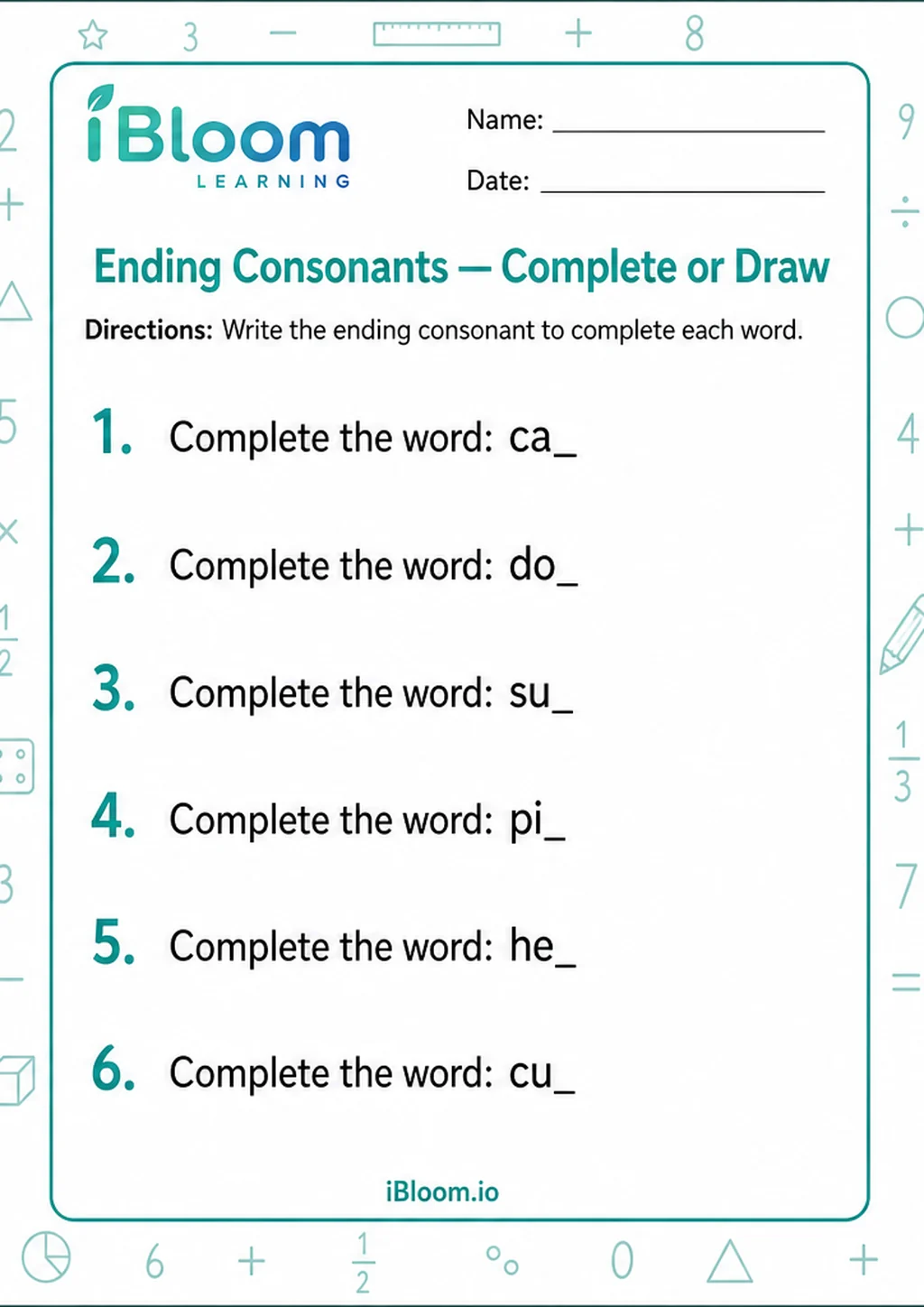 Preview of Ending Consonants — Complete or Draw worksheet