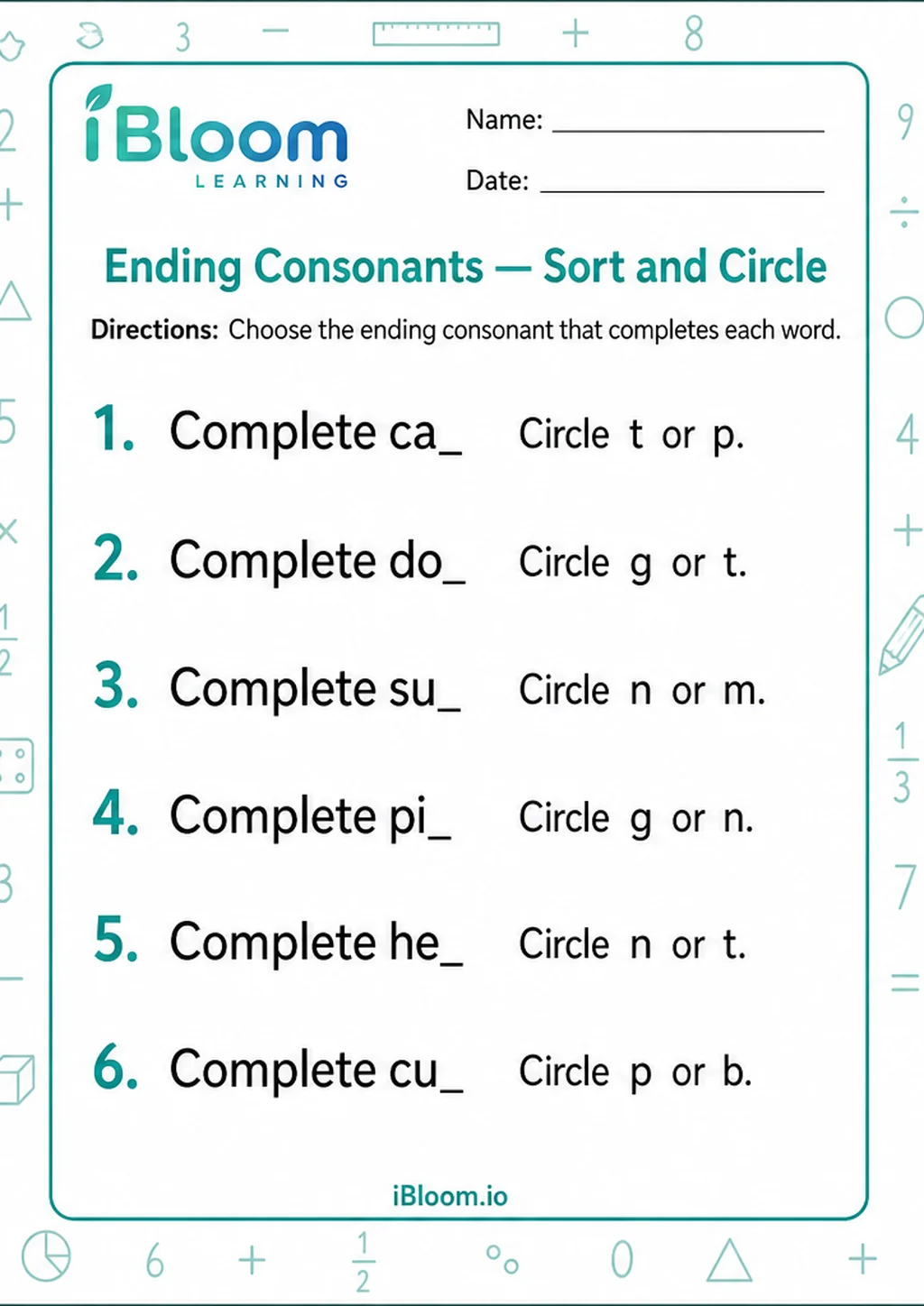 Preview page 1 of Ending Consonants — Sort and Circle