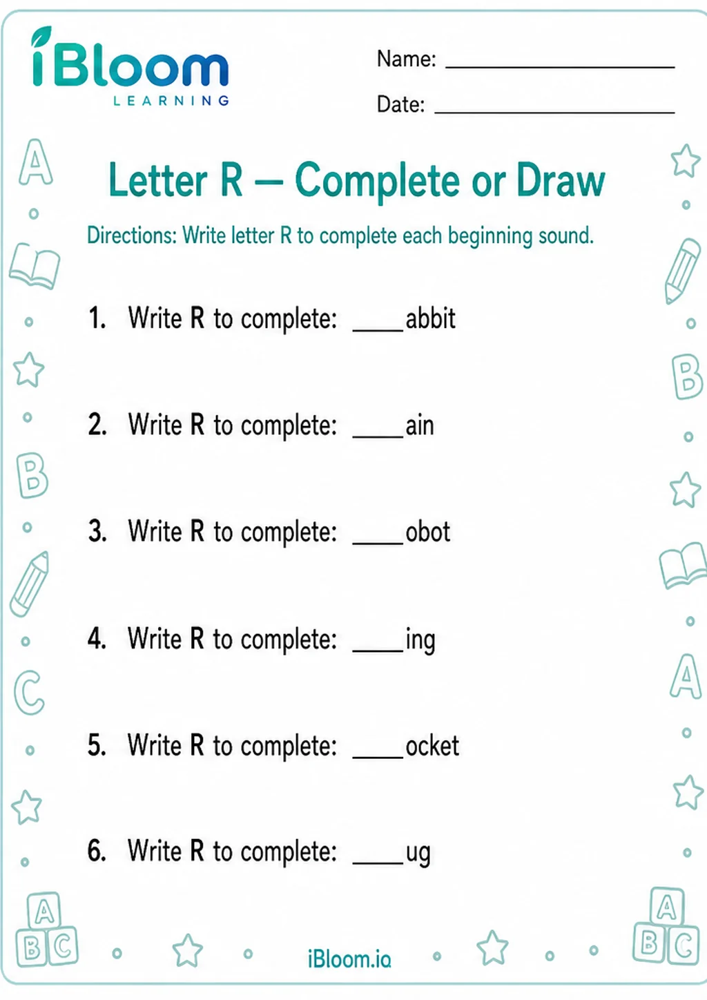 Preview of Letter R — Complete or Draw worksheet