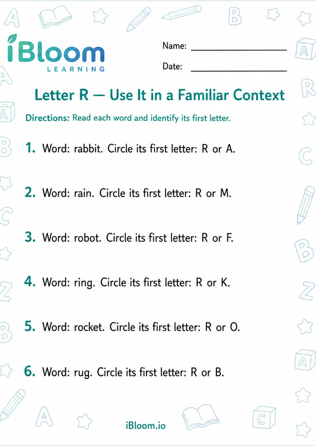 Preview of Letter R — Use It in a Familiar Context worksheet