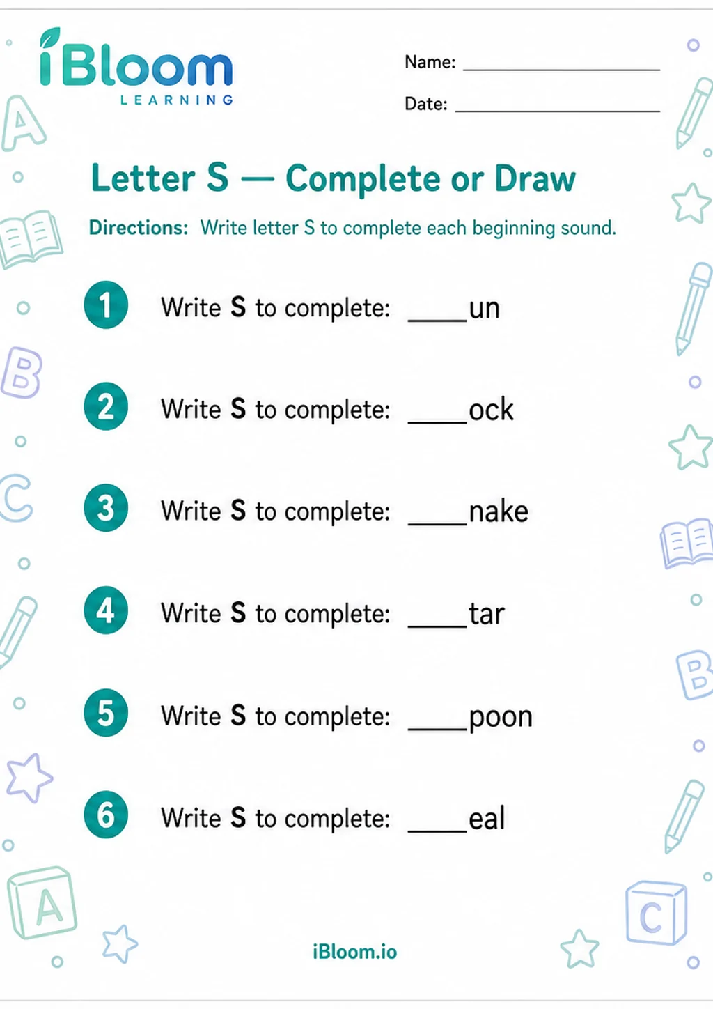 Preview of Letter S — Complete or Draw worksheet