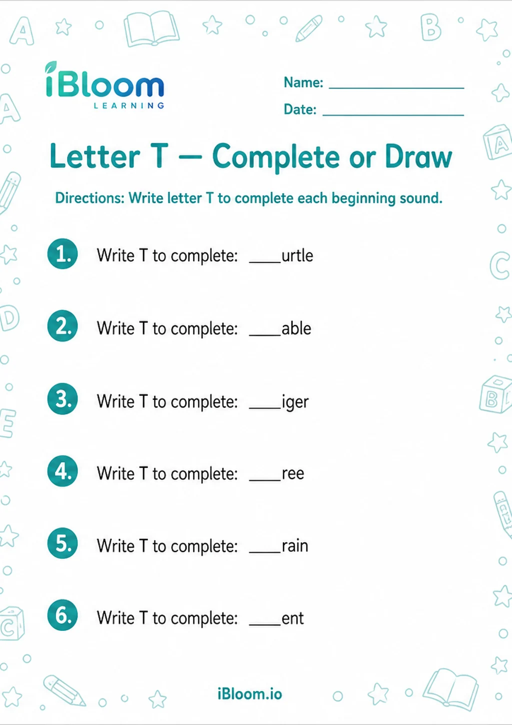 Preview of Letter T — Complete or Draw worksheet