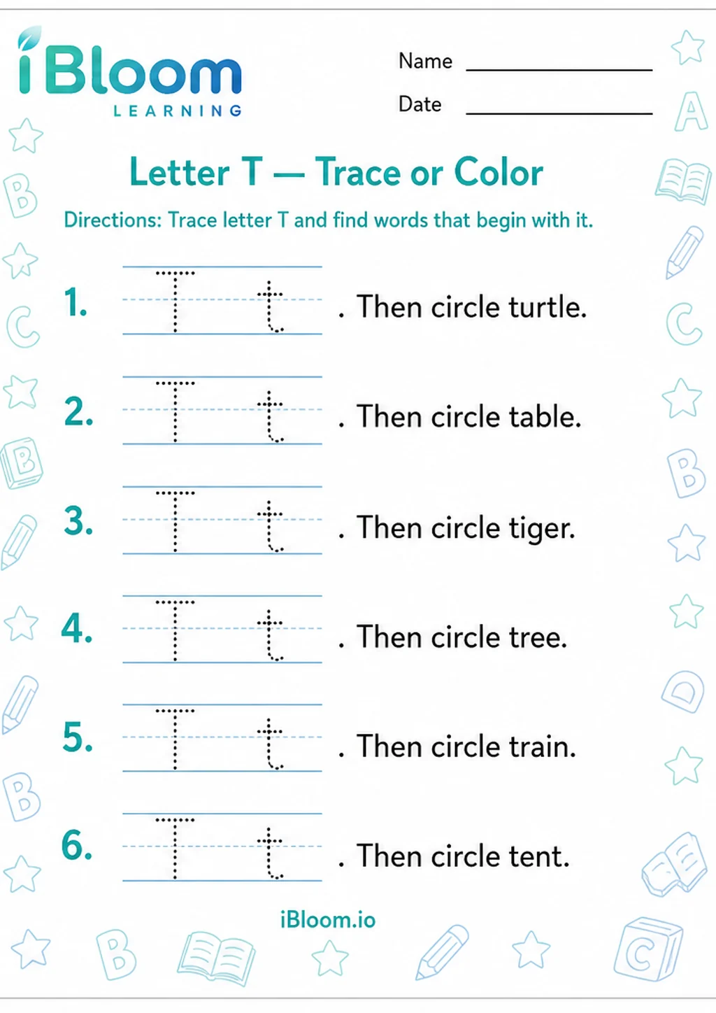 Preview page 1 of Letter T — Trace or Color