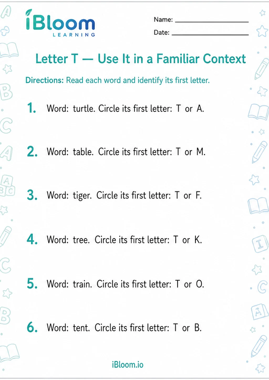 Preview page 1 of Letter T — Use It in a Familiar Context