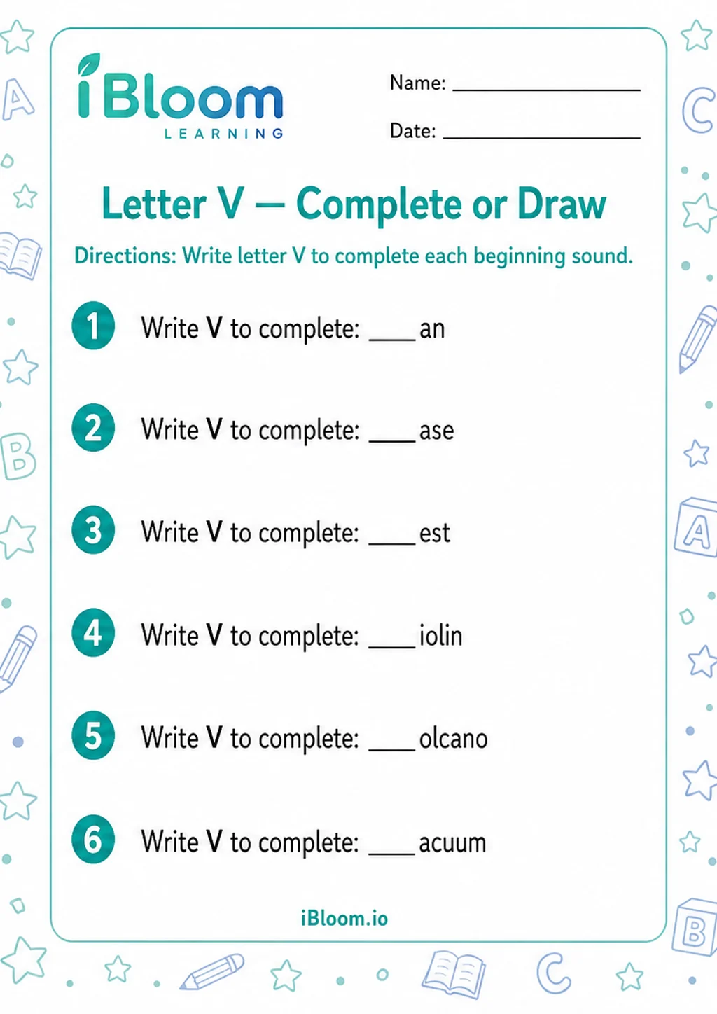 Preview page 1 of Letter V — Complete or Draw