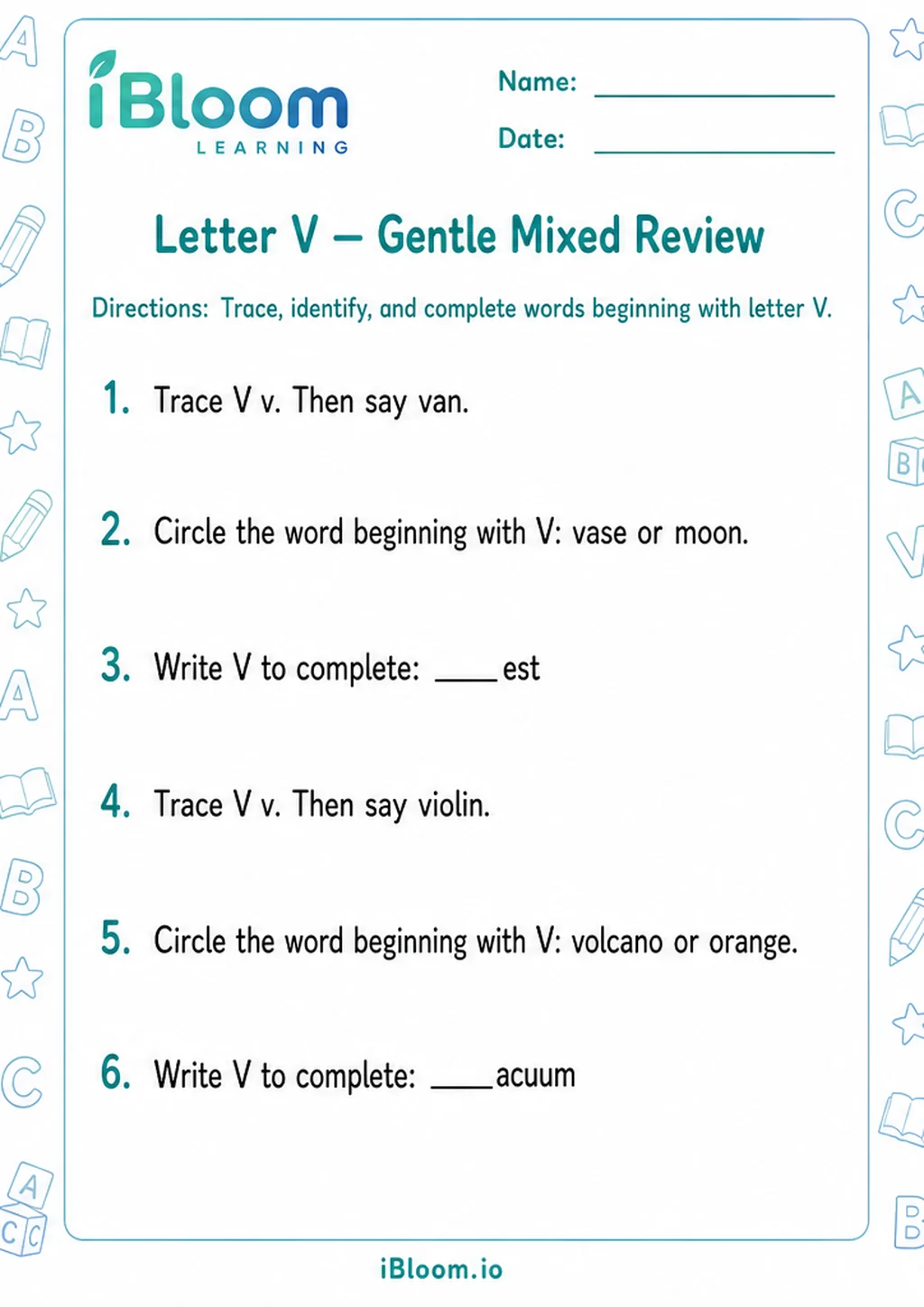 Preview page 1 of Letter V — Gentle Mixed Review
