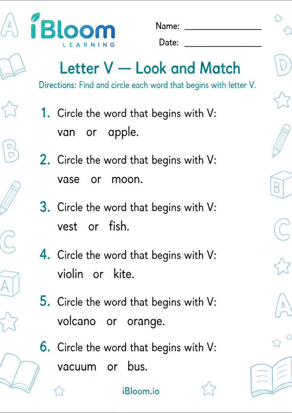 Letter V — Look and Match printable Preschool worksheet preview