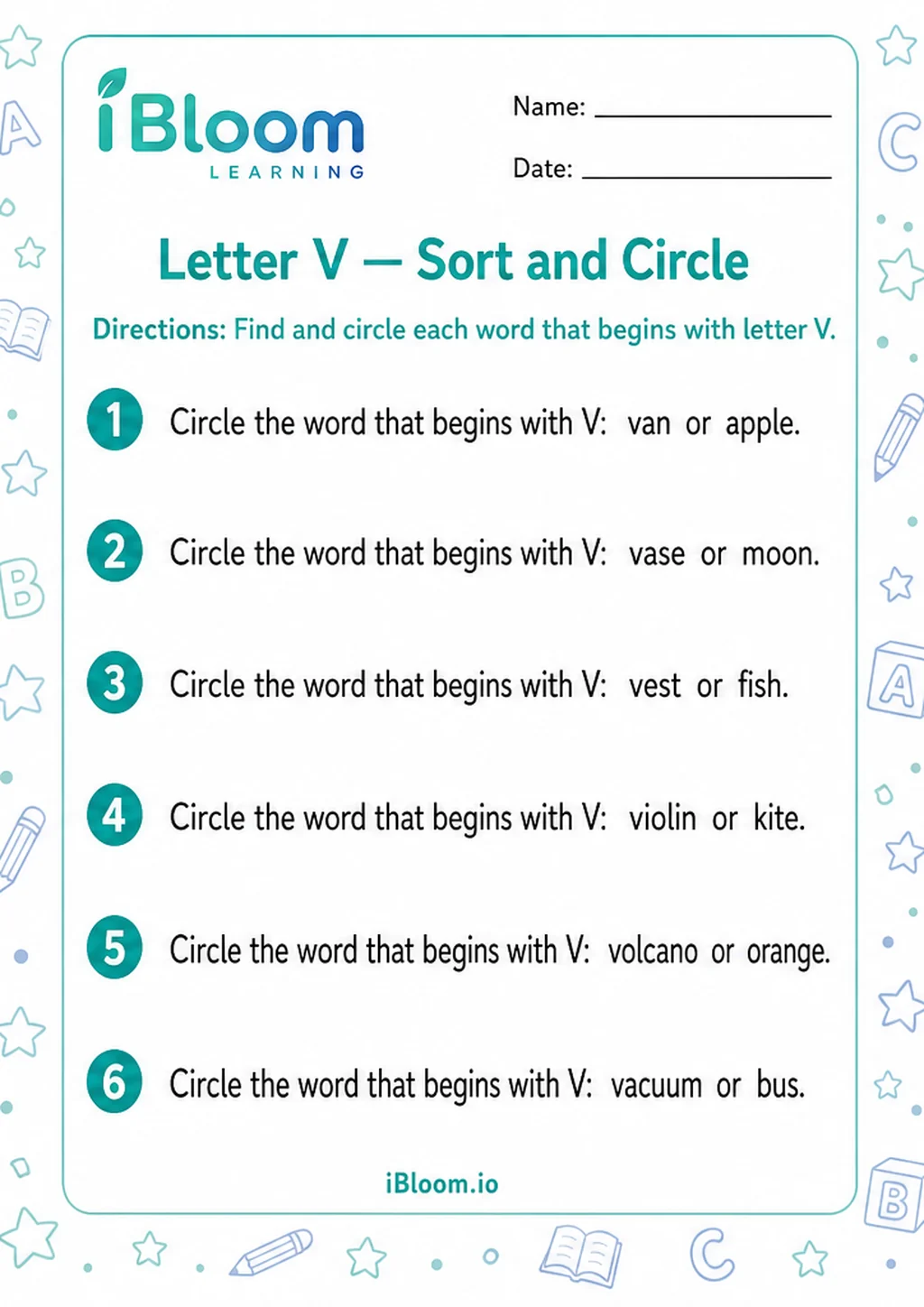 Preview of Letter V — Sort and Circle worksheet