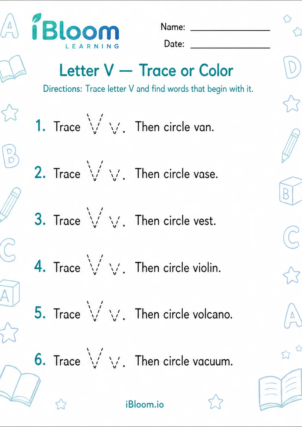 Preview page 1 of Letter V — Trace or Color