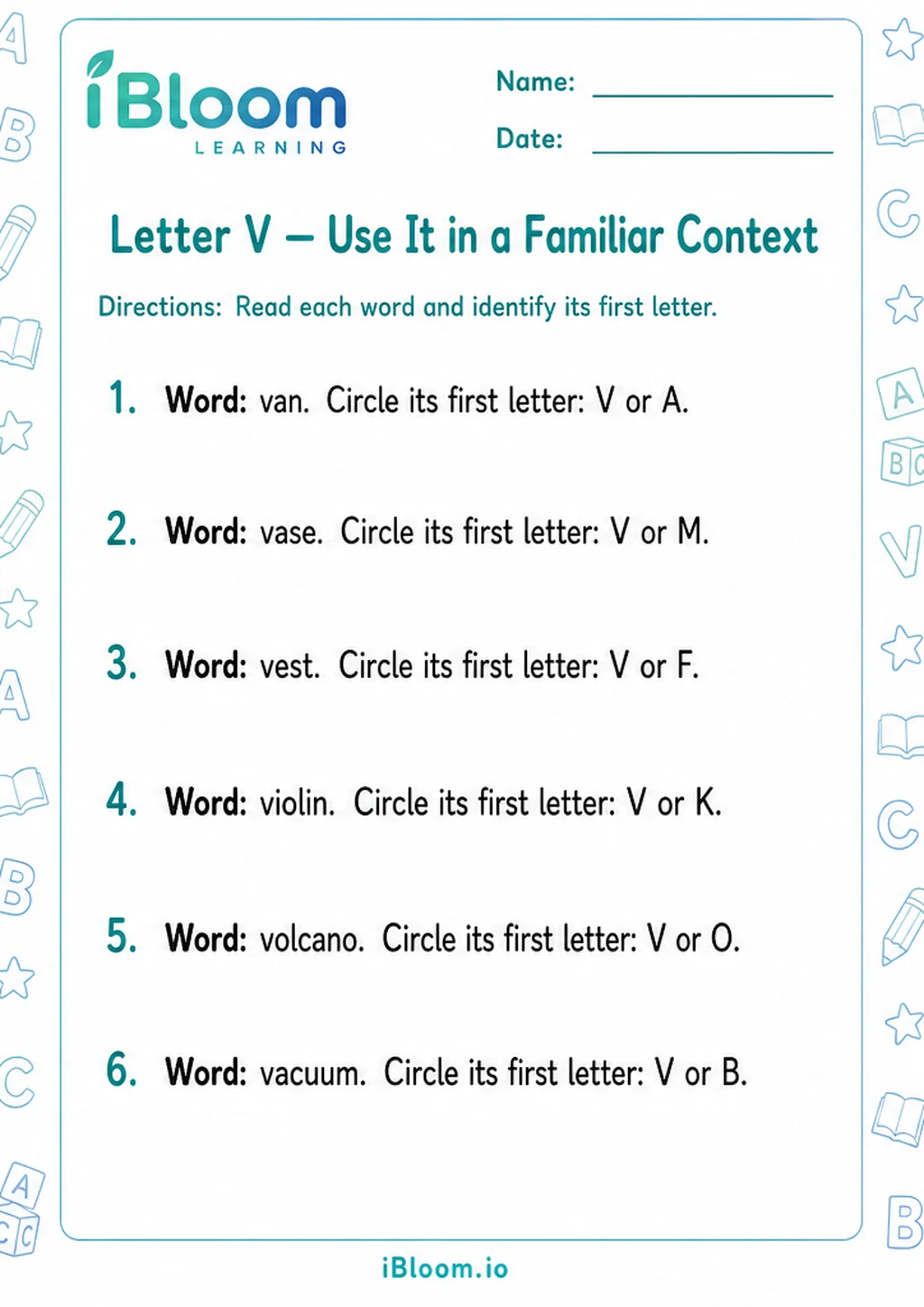 Preview of Letter V — Use It in a Familiar Context worksheet