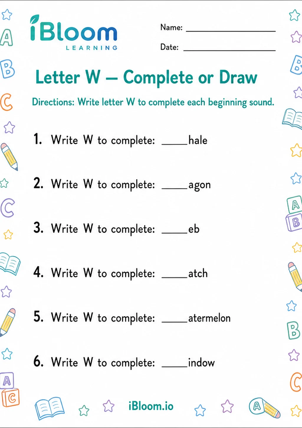 Preview of Letter W — Complete or Draw worksheet